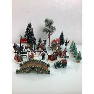 VTG Trim A Home Christmas Village Figurines trees light posts bridge large lot